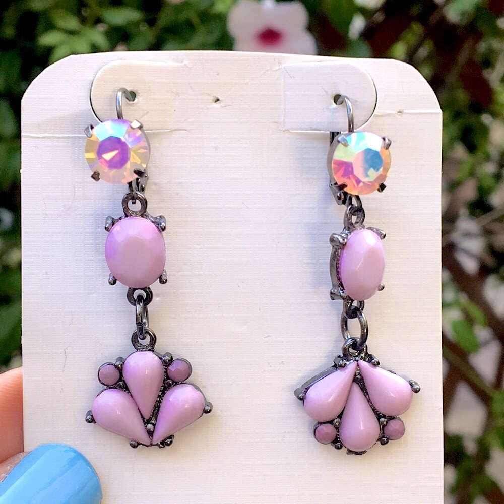 Lavender + Pink Opal Aurora Borealis Crystal Drop Statement Earrings - Picture 9 of 17
